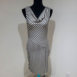 Ann Taylor Women's Sleeveless Stripe Cowl Neck Dress Small Black Cream Stretch
